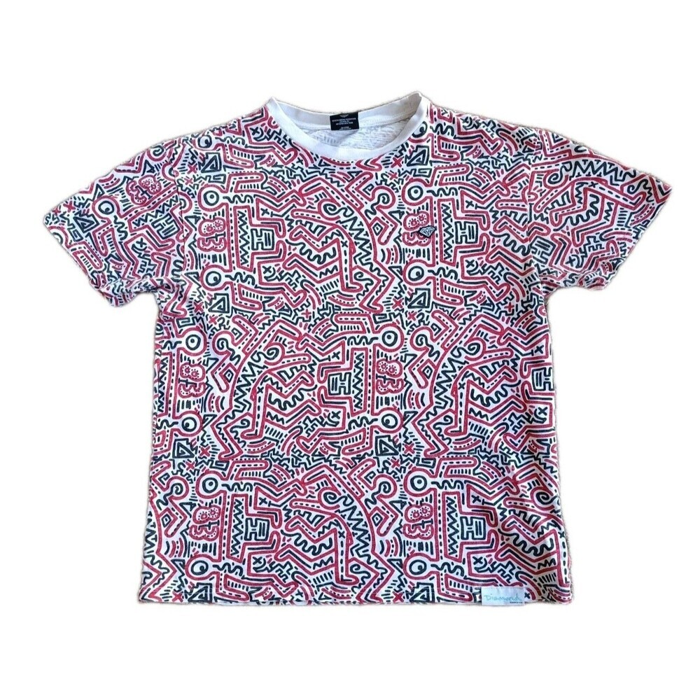 Diamond Supply Co T-Shirt Men's Small Keith Haring Art Graphic Red Short Sleeve